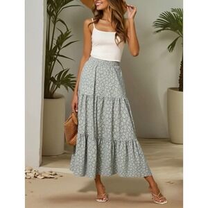 Sage Mint Green Daisy Floral Tiered Maxi Skirt M Dainty Fem Cottagecore Festival